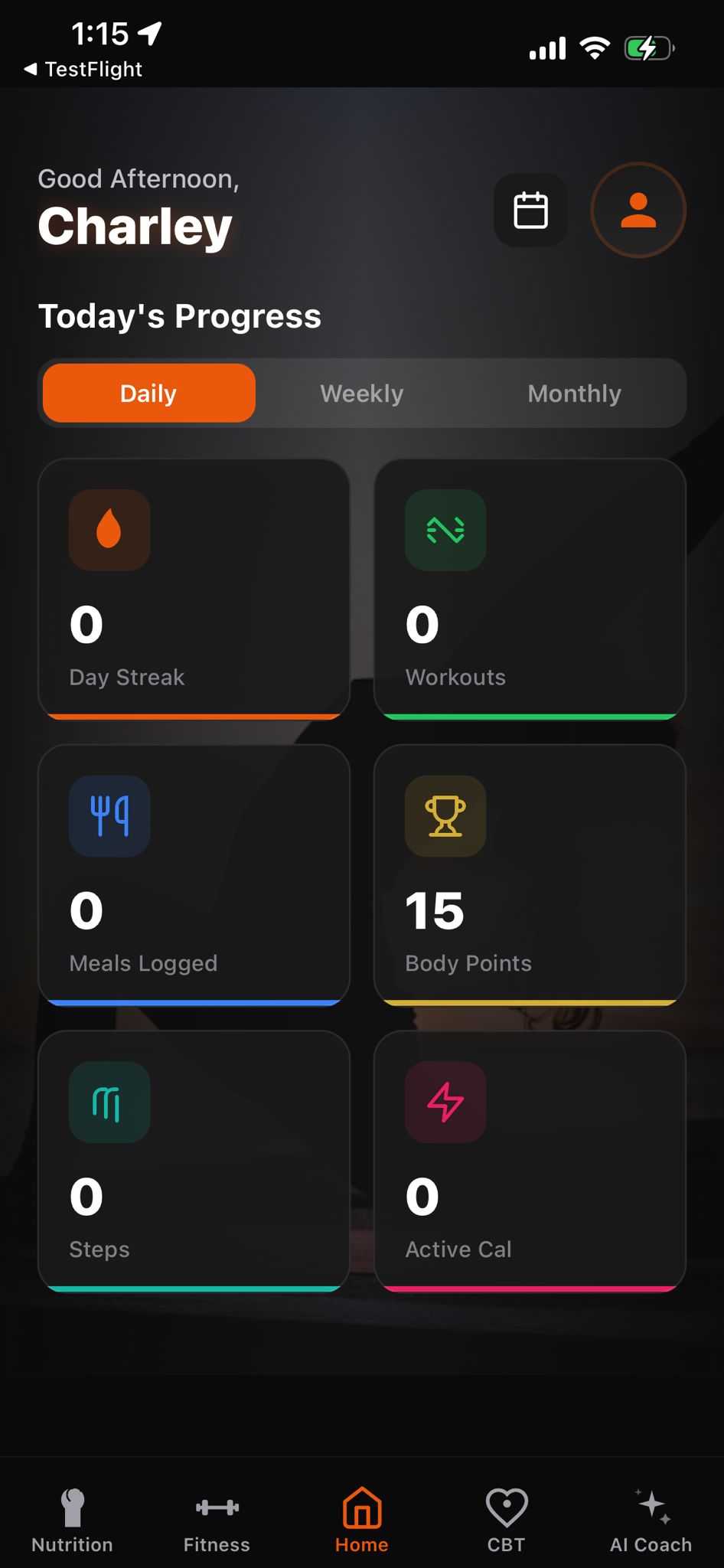 Home dashboard with daily streaks, workouts, meals, and body points