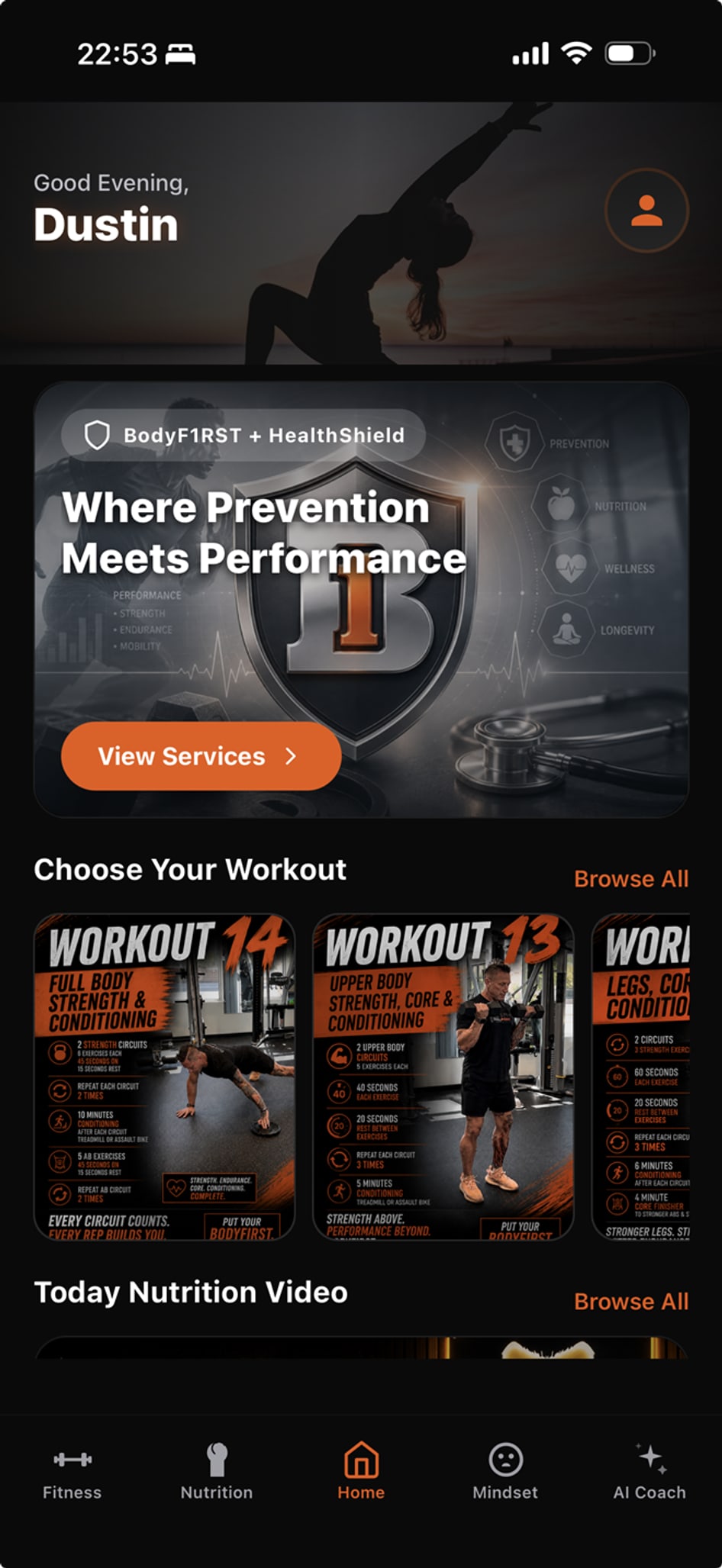Home dashboard with daily streaks, workouts, meals, and body points